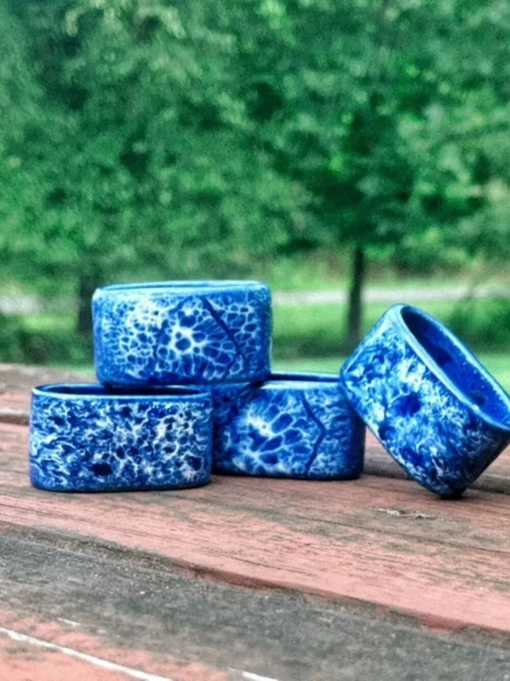 Vintage 1980s Blue Spongeware Ceramic Napkin Rings Set of 4 Stoneware Rustic